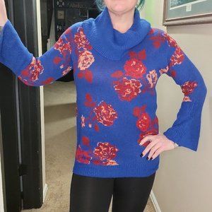 Pioneer Woman Womens Sweater Soft Blue & Red Floral Print Cowl Neck Size Small